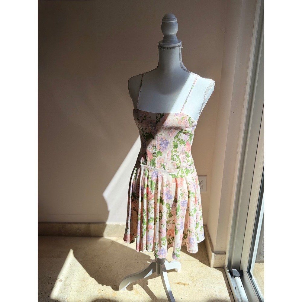 ZARA Floral Corset Mini Dress Cream Pink Purple Pleated Skater XS Spring Easter